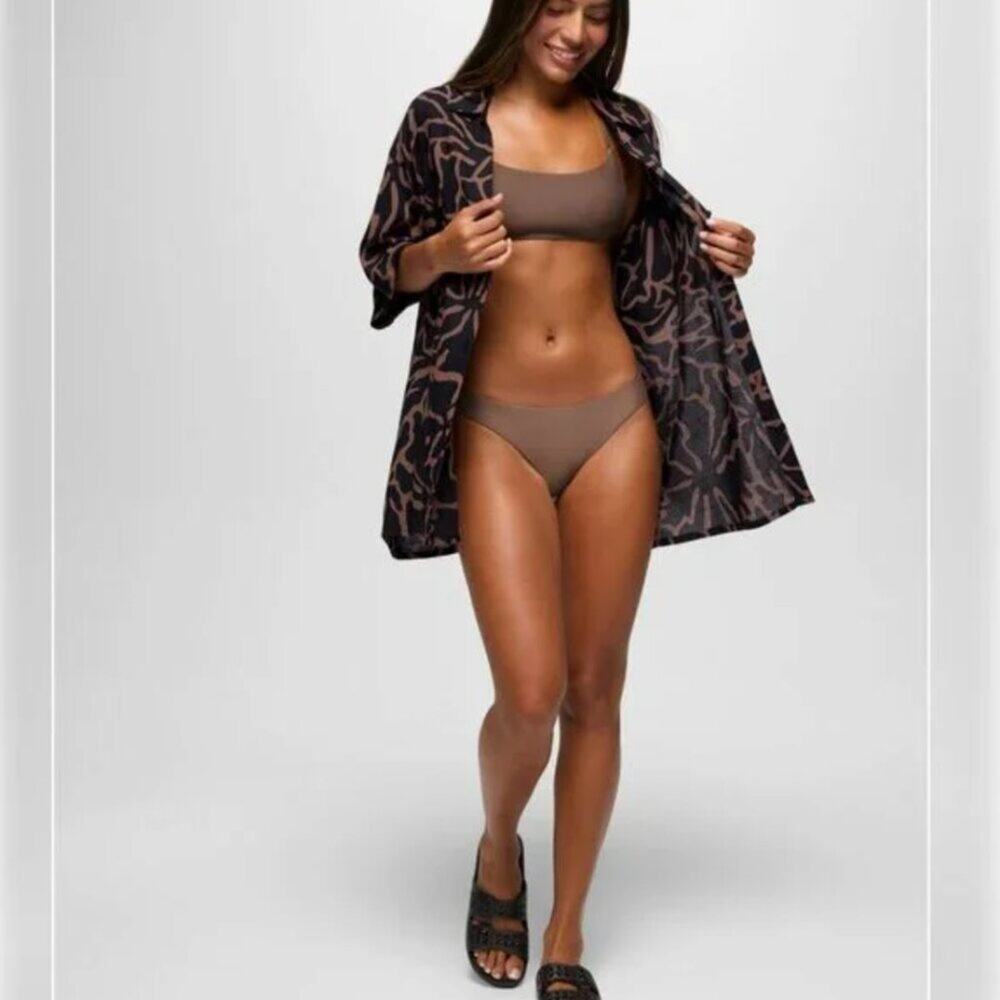 PrAna Small The Bahamas Top Black Boogie Bloom Print Swim Cover-Up Button Down